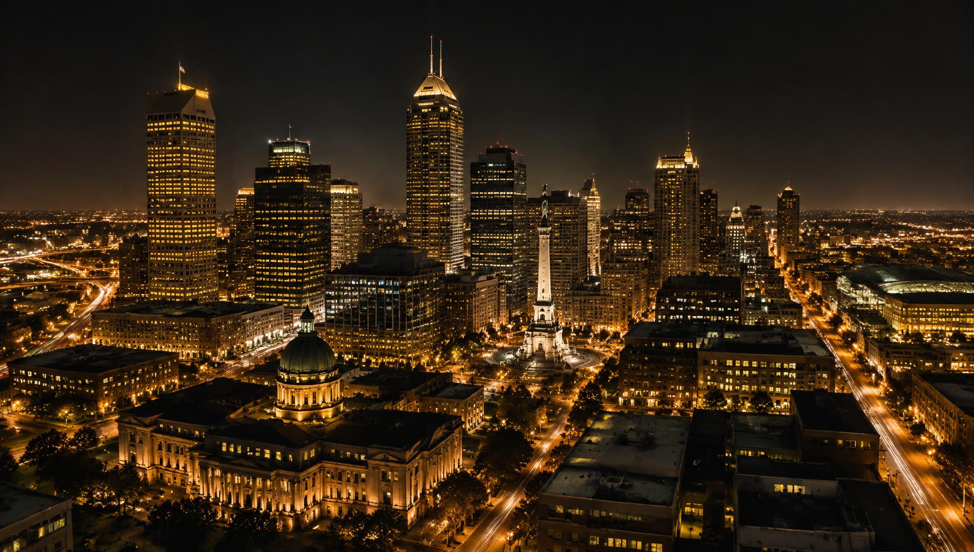Downtown Indianapolis skyline at night with golden city lights